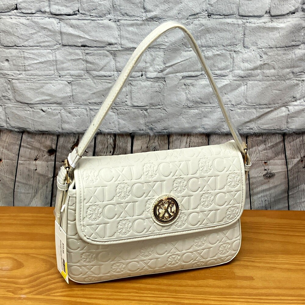 Christian Lacroix Women's White Embossed Logo Shoulder Bag Detachable Strap Gold